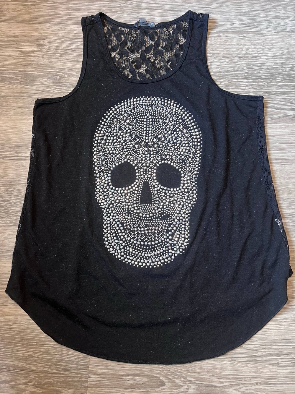 Grunge Black Rhinestone Skull Lace-Back Tank